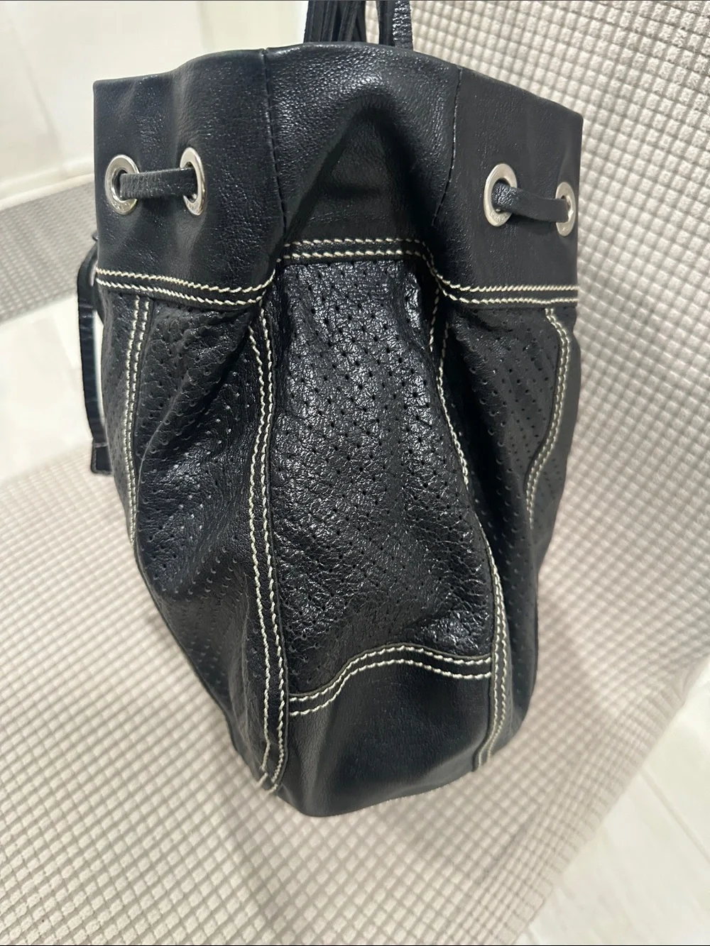 Prada vintage  Black Drawstring Shoulder Bag with Contrast Stitching